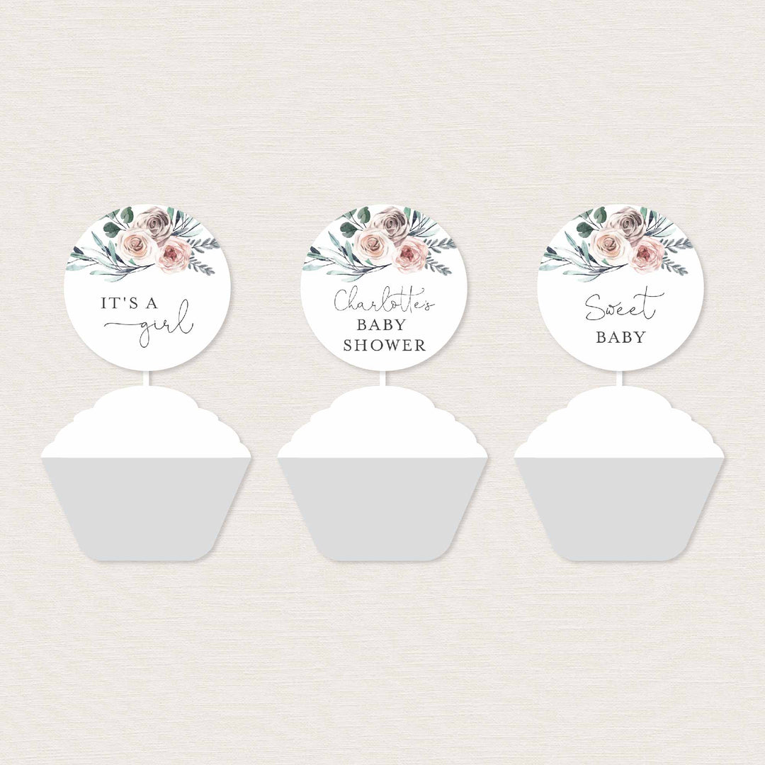 Boho Rose Baby Shower Cupcake Toppers and Cupcake Wrappers Printable