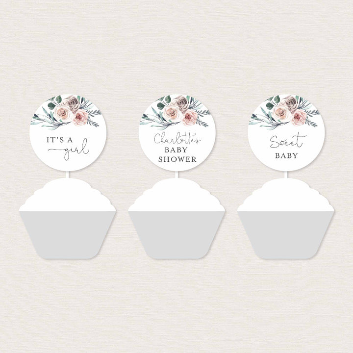 Boho Rose Baby Shower Cupcake Toppers and Cupcake Wrappers Printable