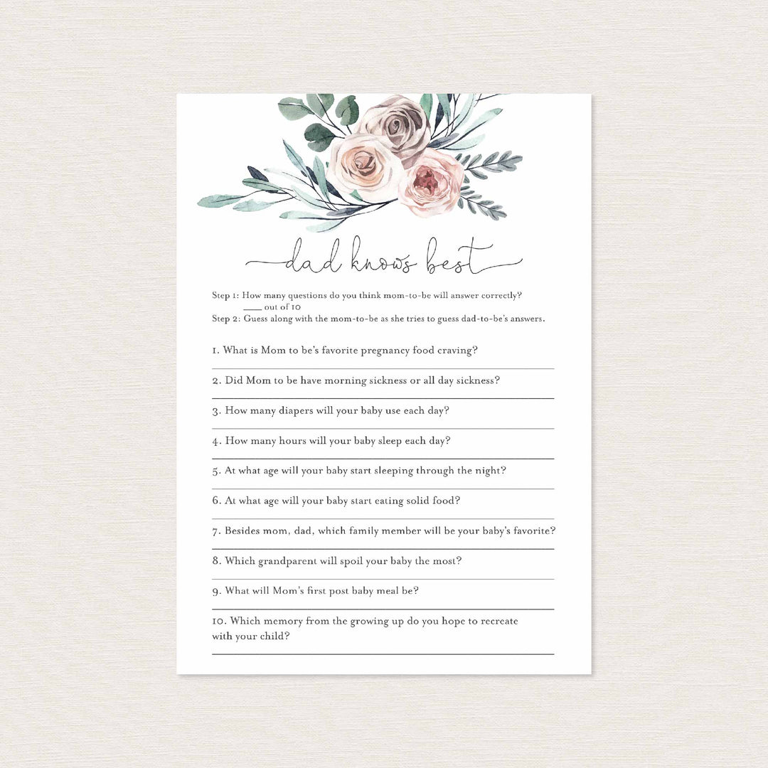 Boho Rose Baby Shower Dad Knows Best Game Printable