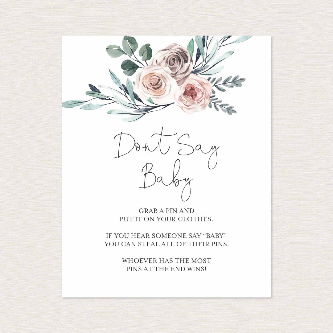 Boho Rose Baby Shower Don't Say Baby Game Printable