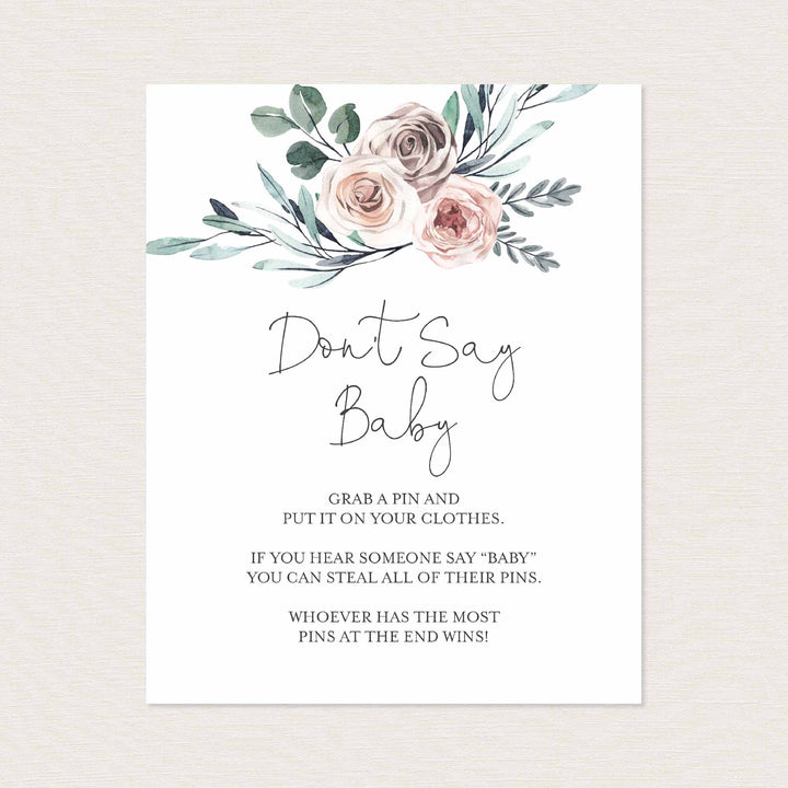 Boho Rose Baby Shower Don't Say Baby Game Printable