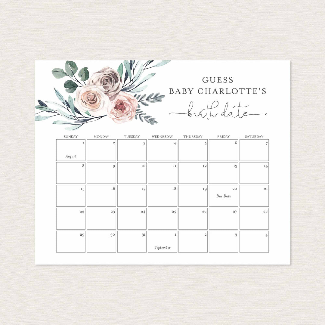 Boho Rose Baby Shower Due Date Calendar Printable