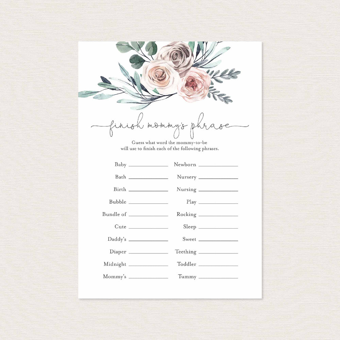 Boho Rose Baby Shower Finish Mummy's Phrase Game Printable