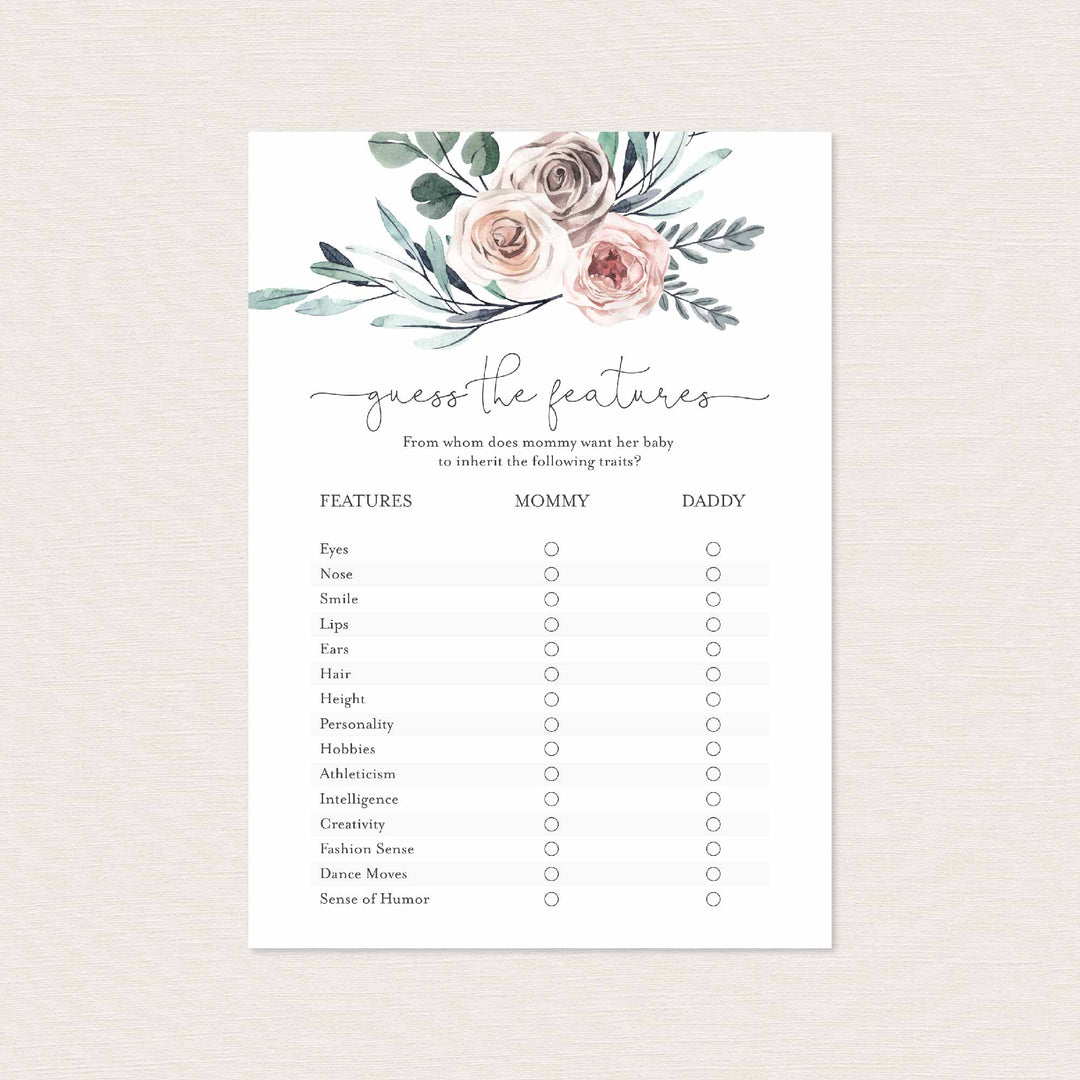 Boho Rose Baby Shower Guess The Features Game Printable