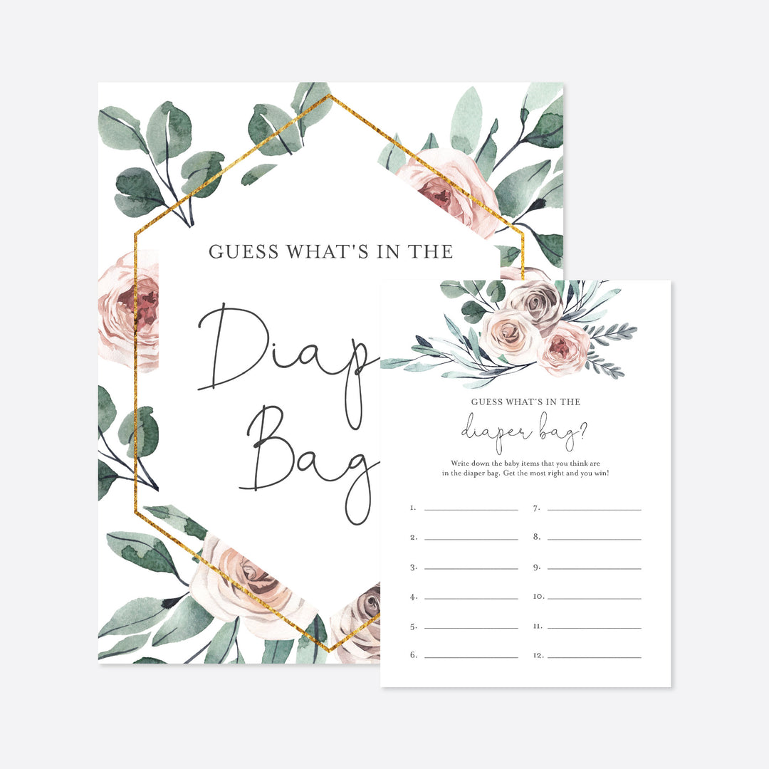 Boho Rose Baby Shower Guess What's In The Diaper Bag Game Printable