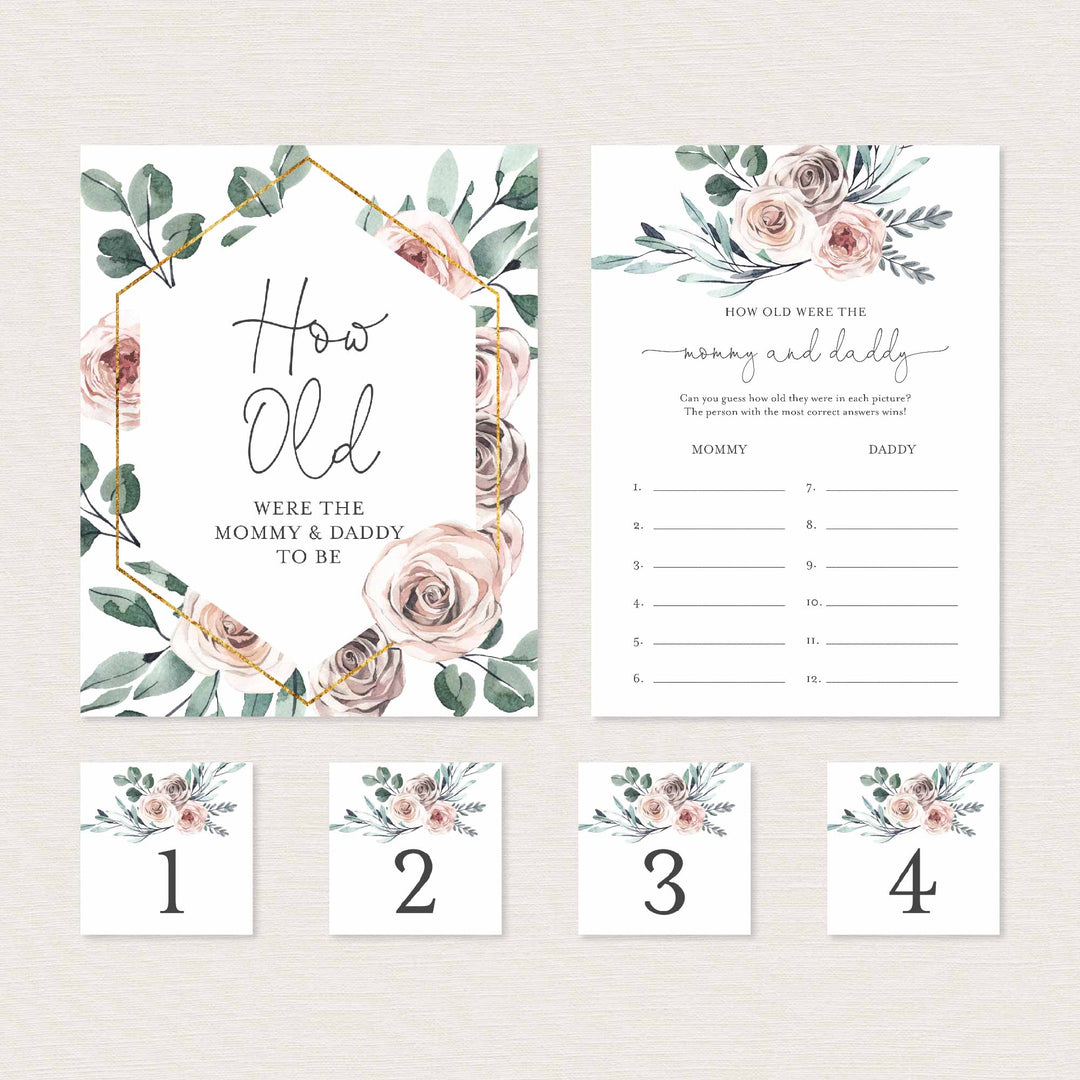 Boho Rose Baby Shower How Old Were The Mummy and Daddy To Be Game Printable