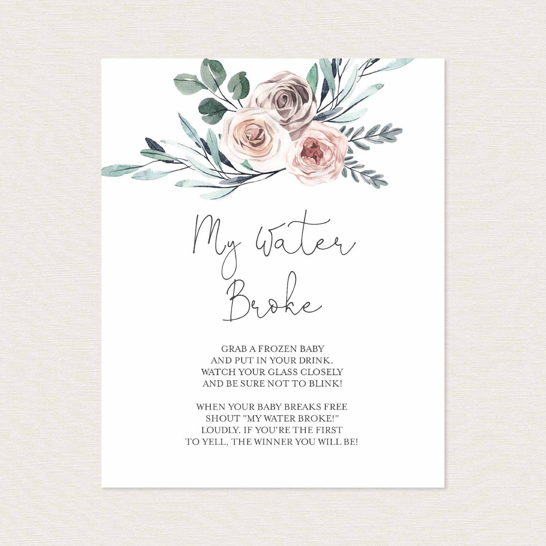 Boho Rose Baby Shower My Water Broke Game Printable