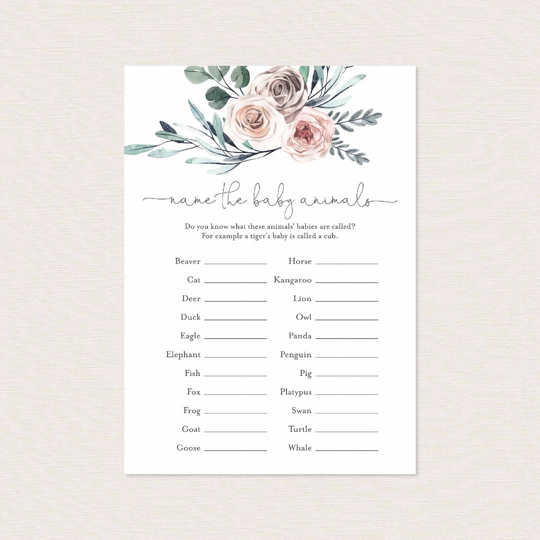 Boho Rose Baby Shower Name The Baby Animals Game Printable