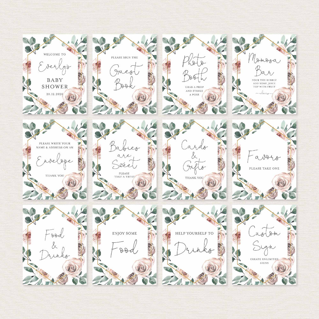 Boho Rose Baby Shower Table Signs Bundle Printable