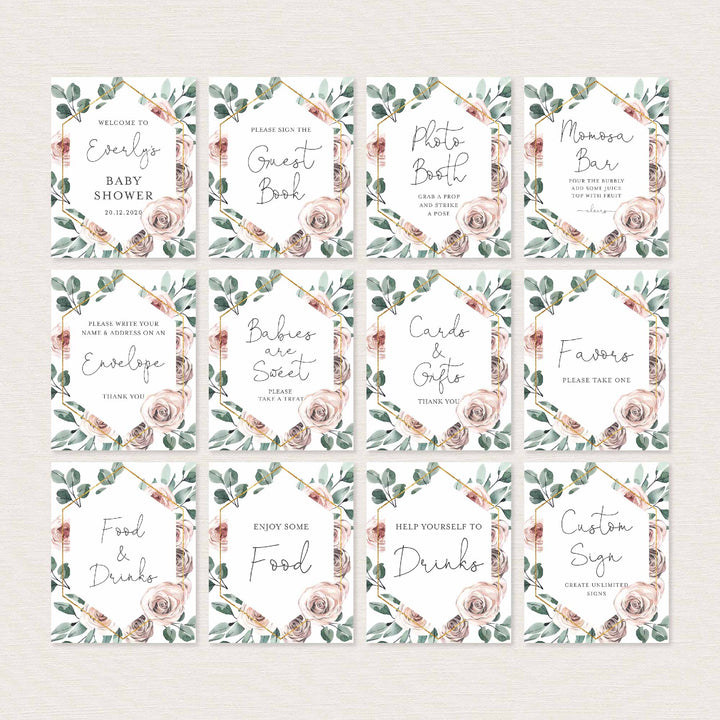 Boho Rose Baby Shower Table Signs Bundle Printable