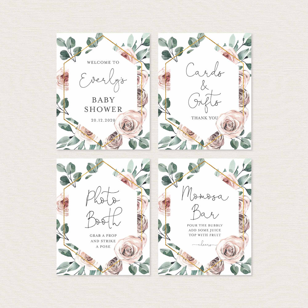 Boho Rose Baby Shower Table Signs Bundle Printable