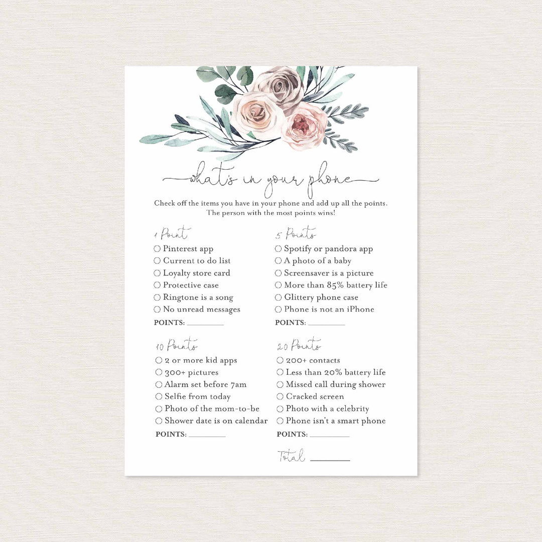 Boho Rose Baby Shower What's In Your Phone Game Printable