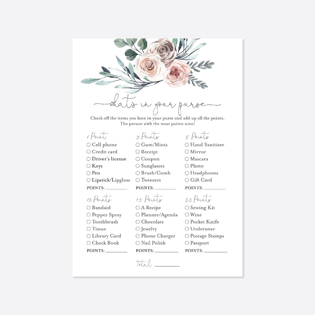 Boho Rose Baby Shower What's In Your Purse Game Printable