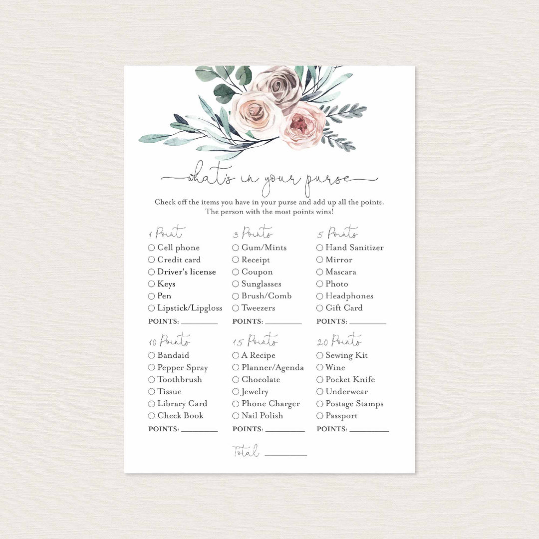 Boho Rose Baby Shower What's In Your Purse Game Printable