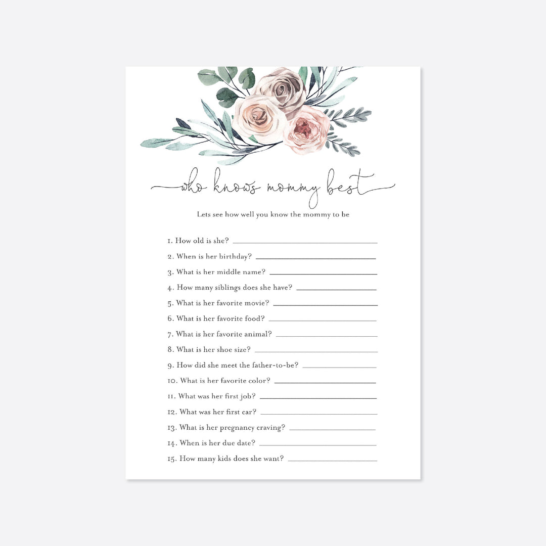 Boho Rose Baby Shower Who Knows Mummy Best Game Printable