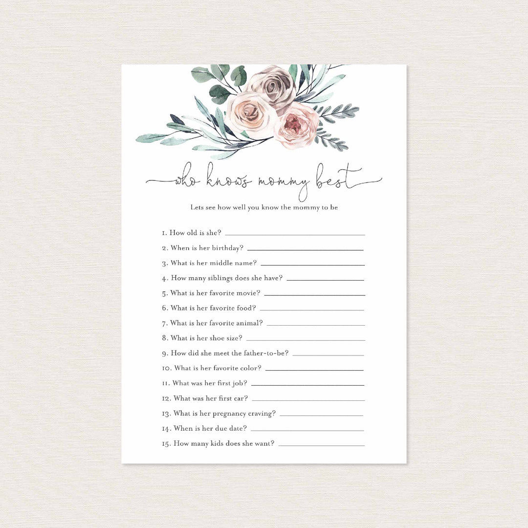 Boho Rose Baby Shower Who Knows Mummy Best Game Printable