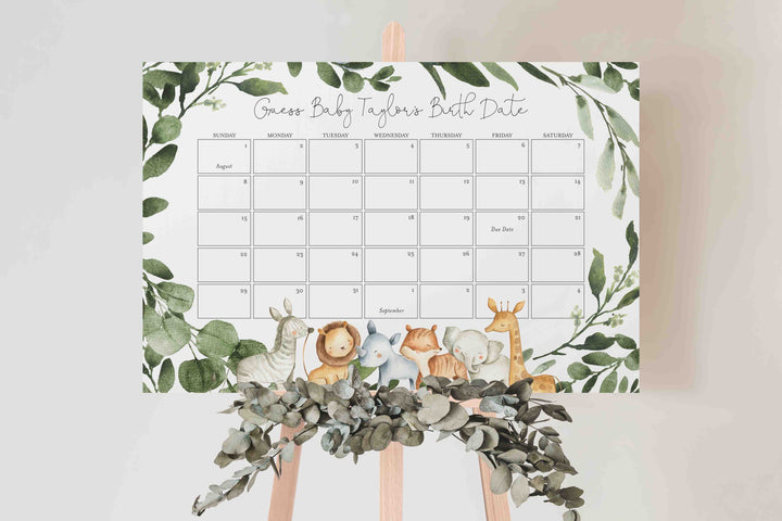 Safari Animals Baby Shower Due Date Calendar Printable