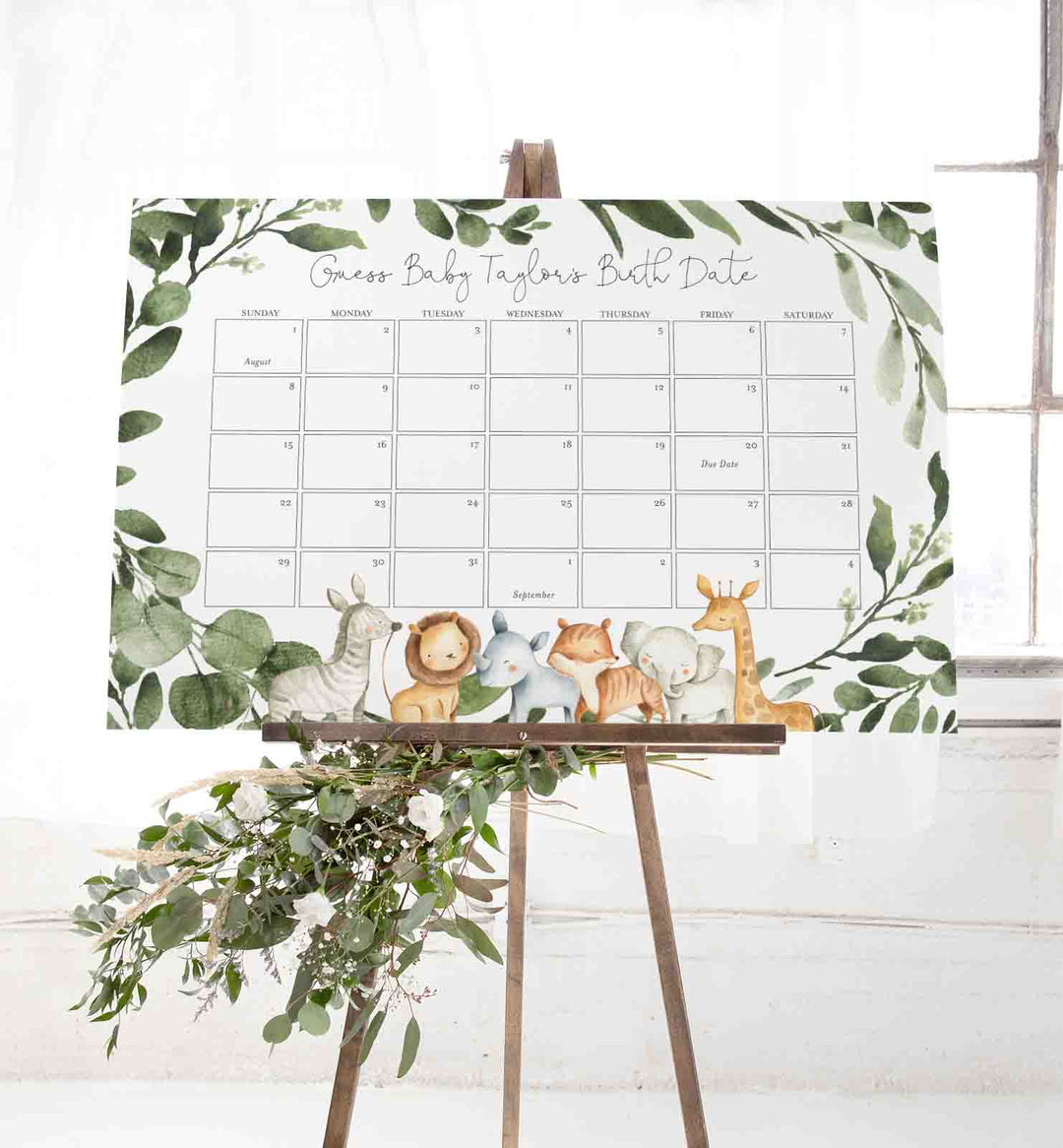 Safari Animals Baby Shower Due Date Calendar Printable