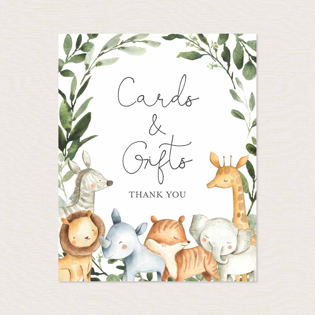 Safari Animals Baby Shower Cards and Gifts Sign Printable