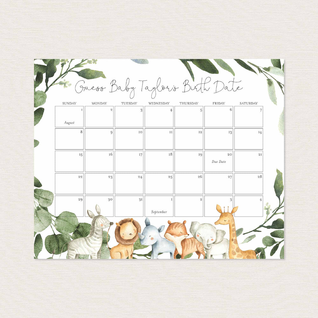 Safari Animals Baby Shower Due Date Calendar Printable