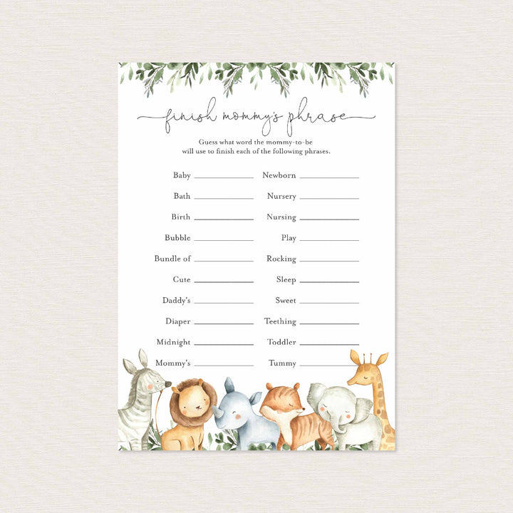 Safari Animals Baby Shower Finish Mummy's Phrase Game Printable