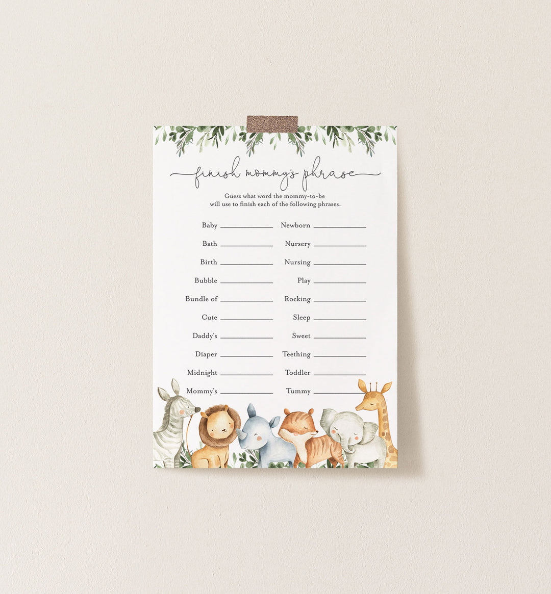 Safari Animals Baby Shower Finish Mummy's Phrase Game Printable