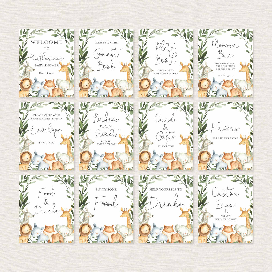 Safari Animals Baby Shower Table Signs Bundle Printable