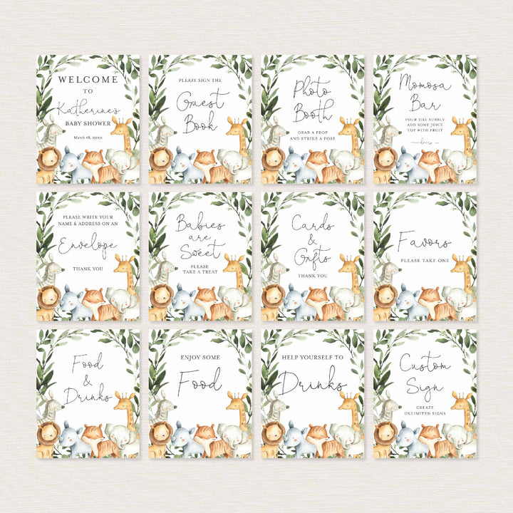 Safari Animals Baby Shower Table Signs Bundle Printable