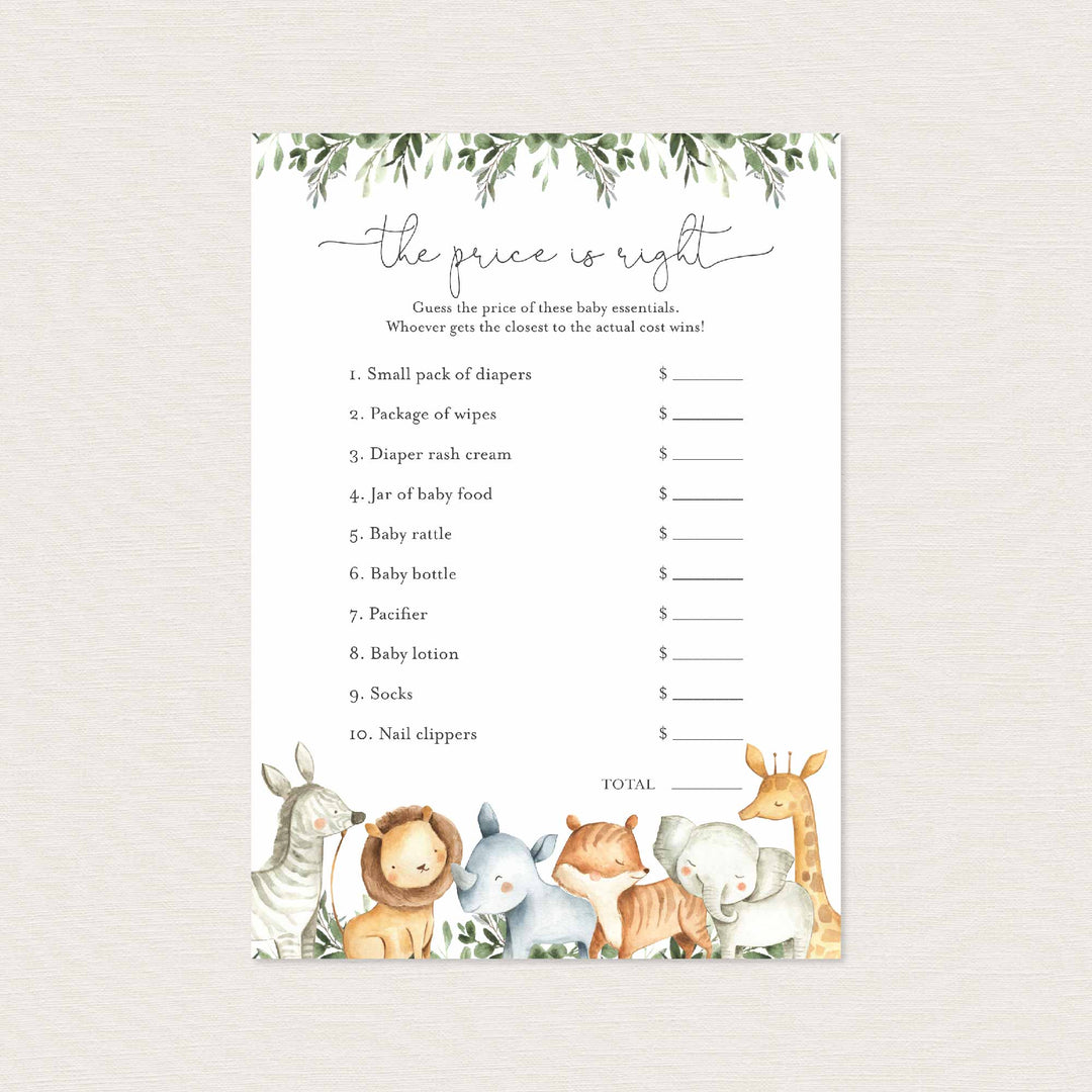 Safari Animals Baby Shower The Price Is Right Game Printable