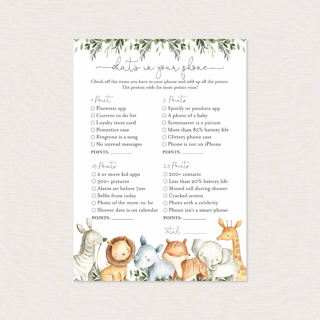 Safari Animals Baby Shower What's In Your Phone Game Printable