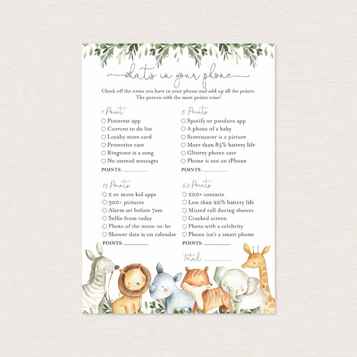 Safari Animals Baby Shower What's In Your Phone Game Printable