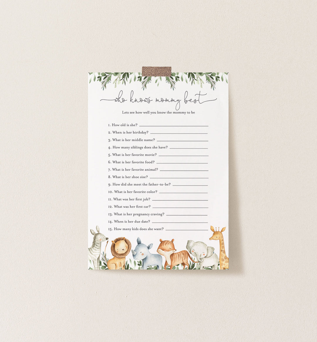 Safari Animals Baby Shower Who Knows Mummy Best Game Printable