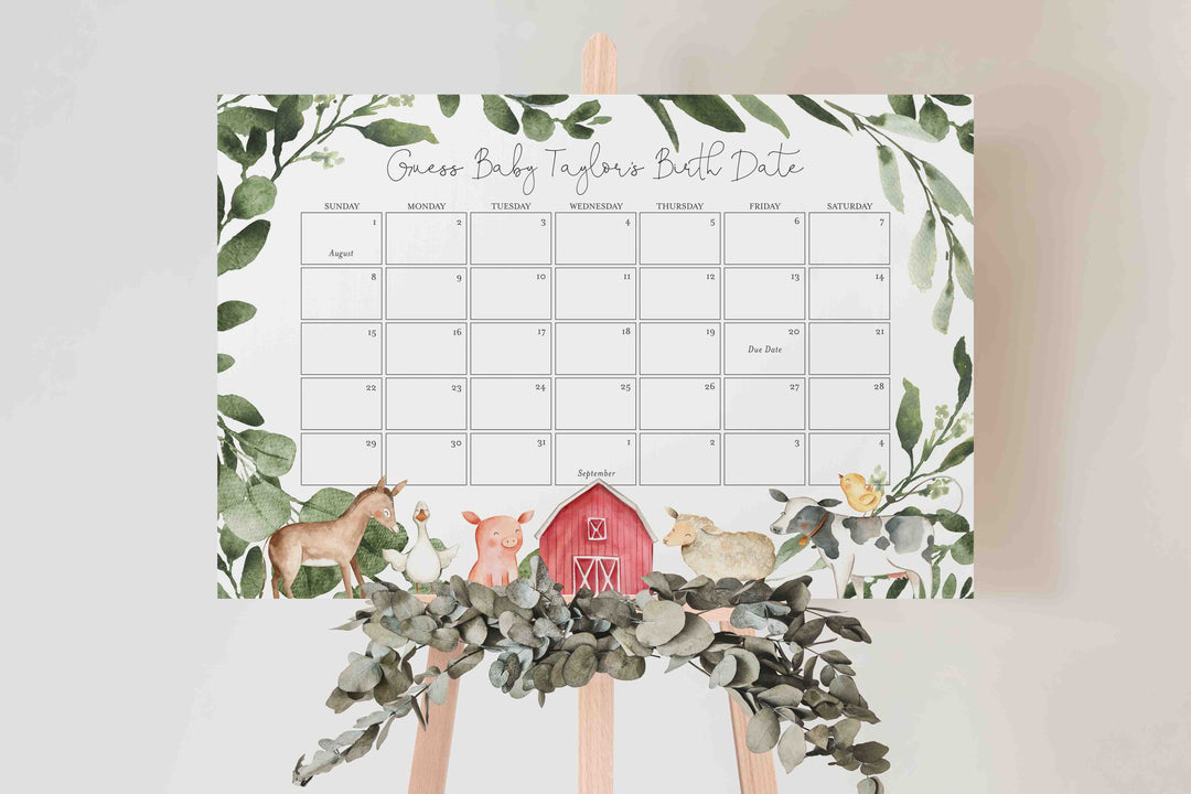 On The Farm Baby Shower Due Date Calendar Printable