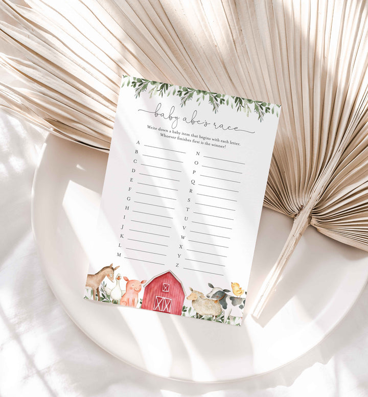 On The Farm Baby Shower ABC's Race Game Printable