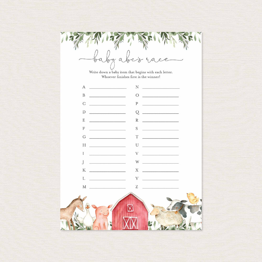 On The Farm Baby Shower ABC's Race Game Printable