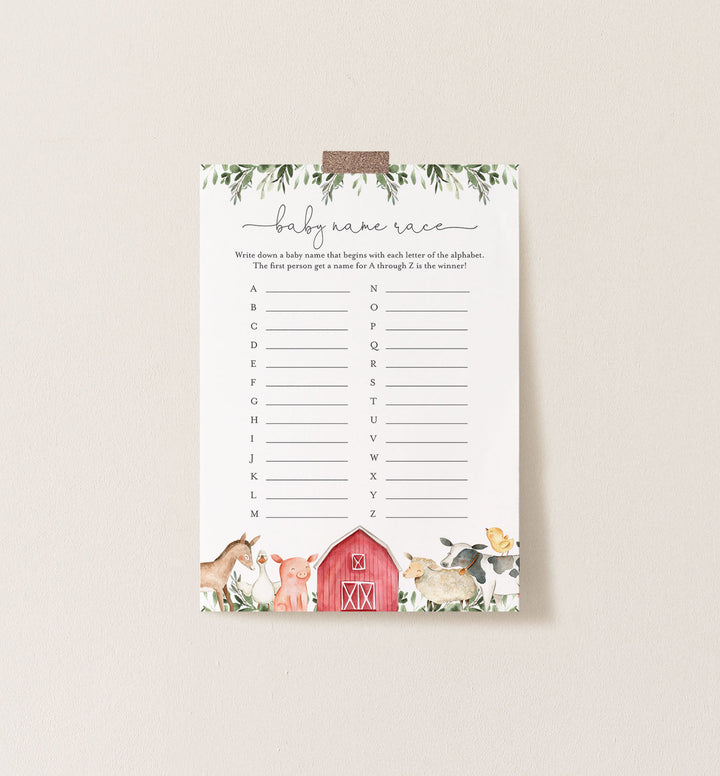 On The Farm Baby Shower Name Race Game Printable