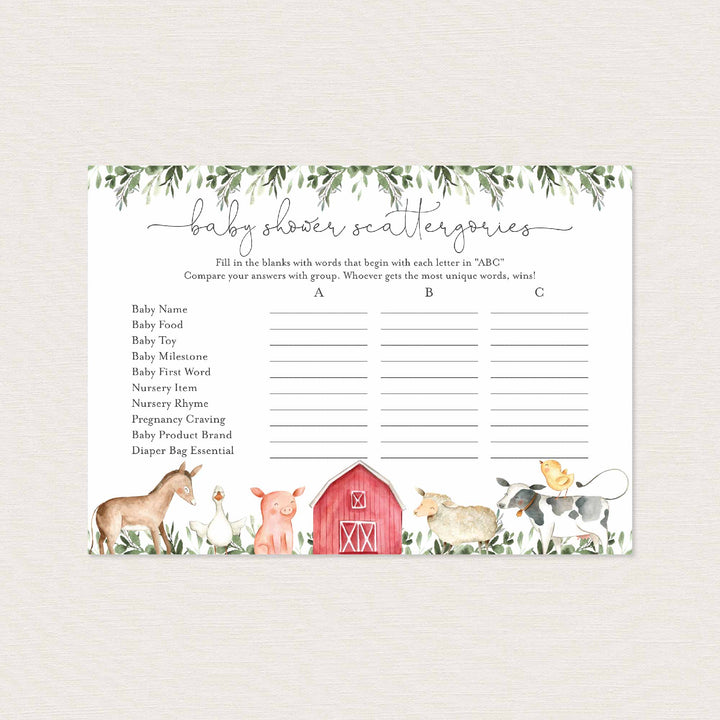 On The Farm Baby Shower Scattergories Game Printable