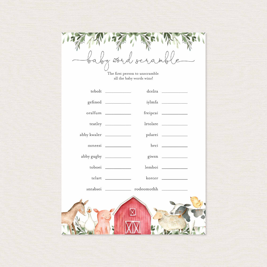 On The Farm Baby Shower Word Scramble Game Printable