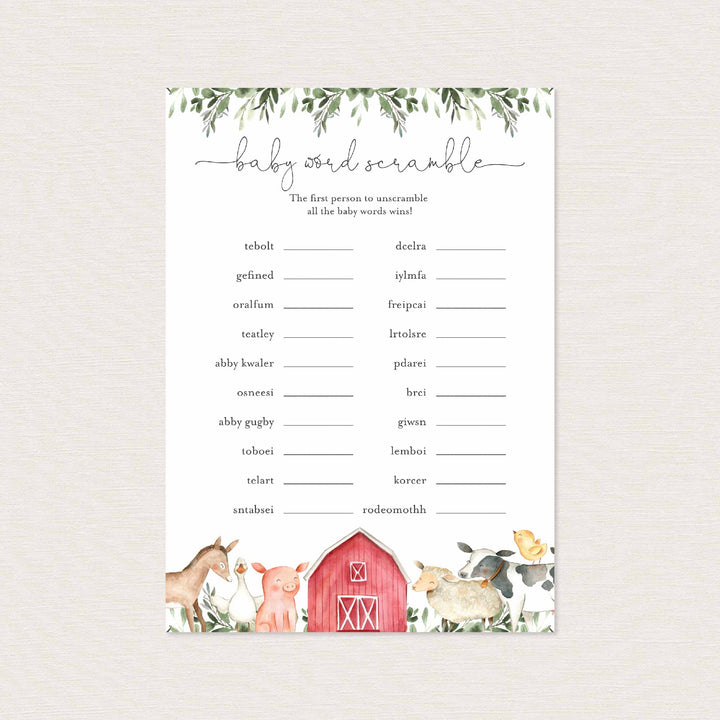 On The Farm Baby Shower Word Scramble Game Printable