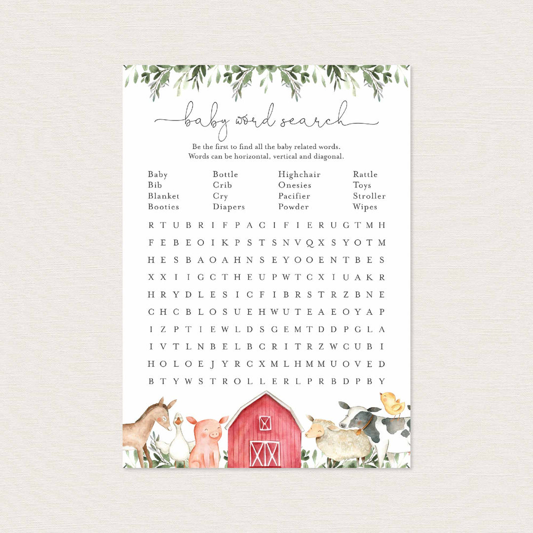 On The Farm Baby Shower Word Search Game Printable