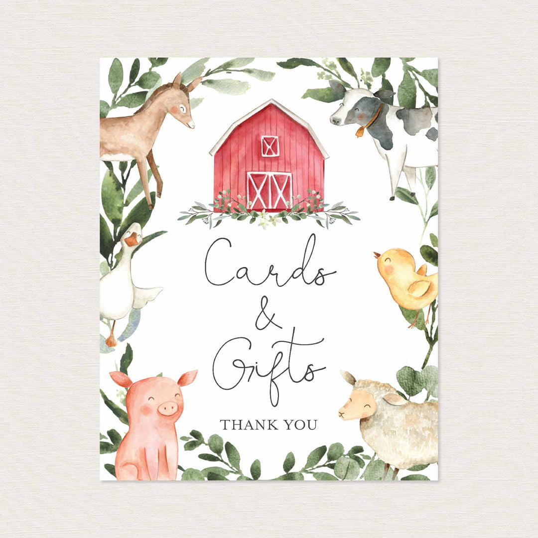 On The Farm Baby Shower Cards and Gifts Sign Printable