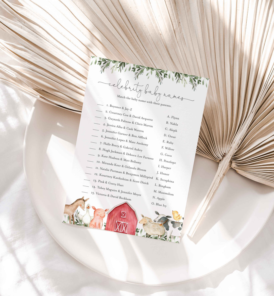 On The Farm Baby Shower Celebrity Baby Names Game Printable