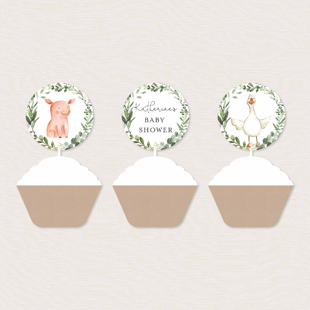 On The Farm Baby Shower Cupcake Toppers and Cupcake Wrappers Printable