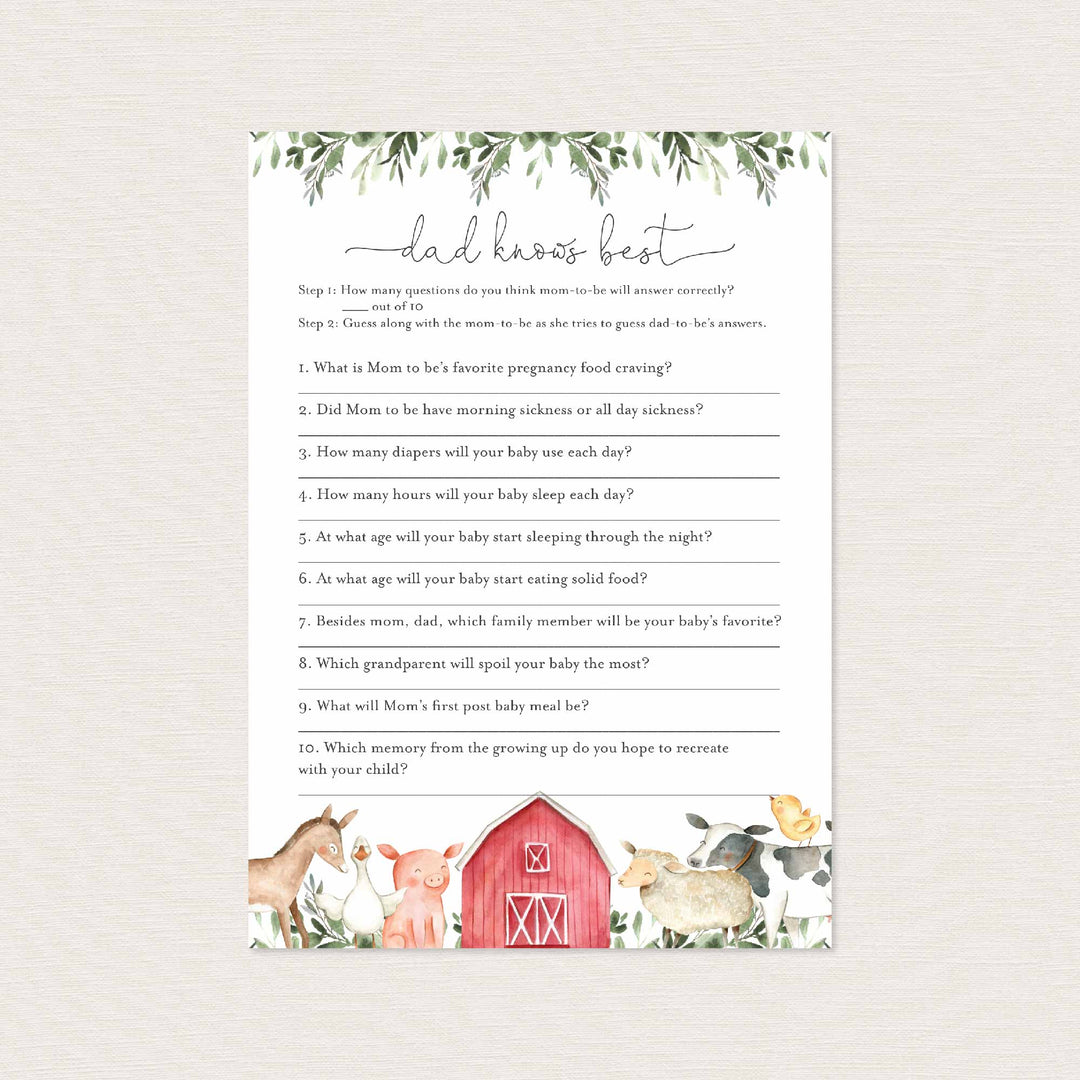 On The Farm Baby Shower Dad Knows Best Game Printable