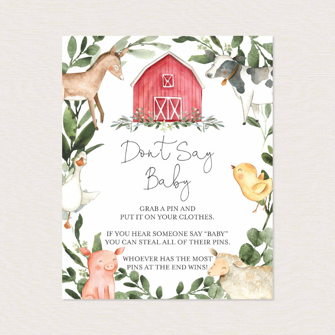 On The Farm Baby Shower Don't Say Baby Game Printable