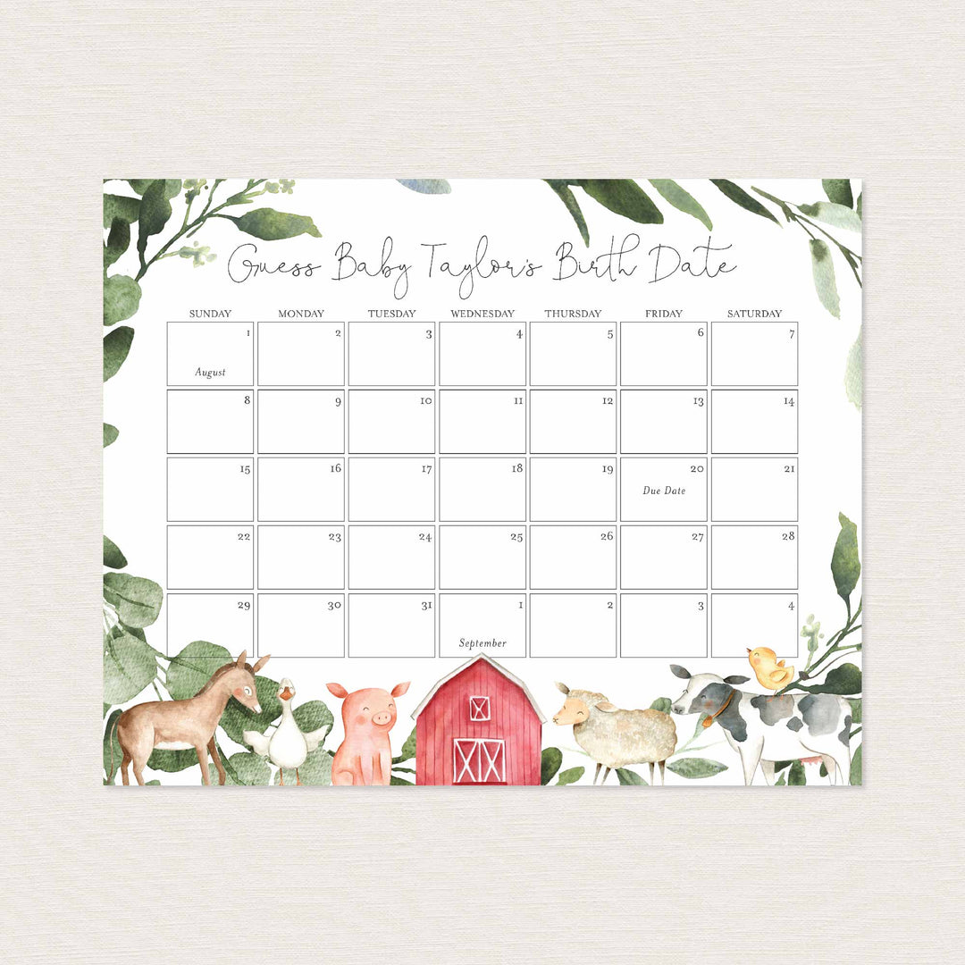 On The Farm Baby Shower Due Date Calendar Printable