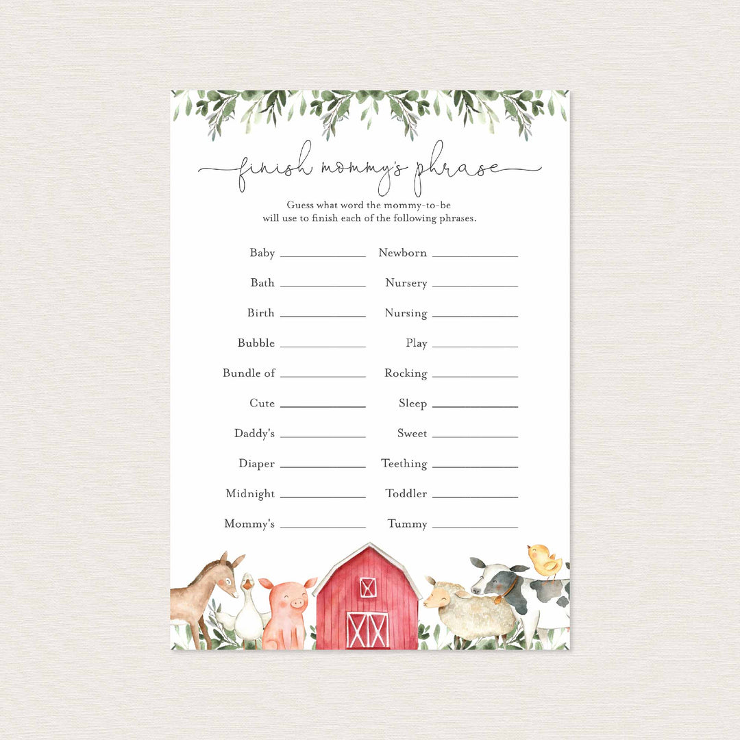 On The Farm Baby Shower Finish Mommy's Phrase Game Printable