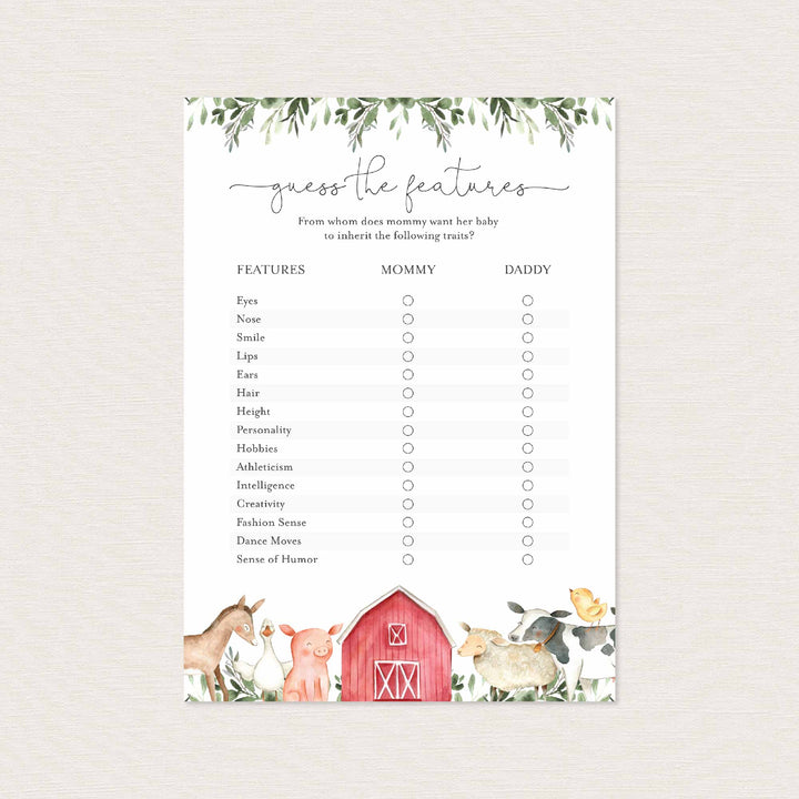 On The Farm Baby Shower Guess The Features Game Printable