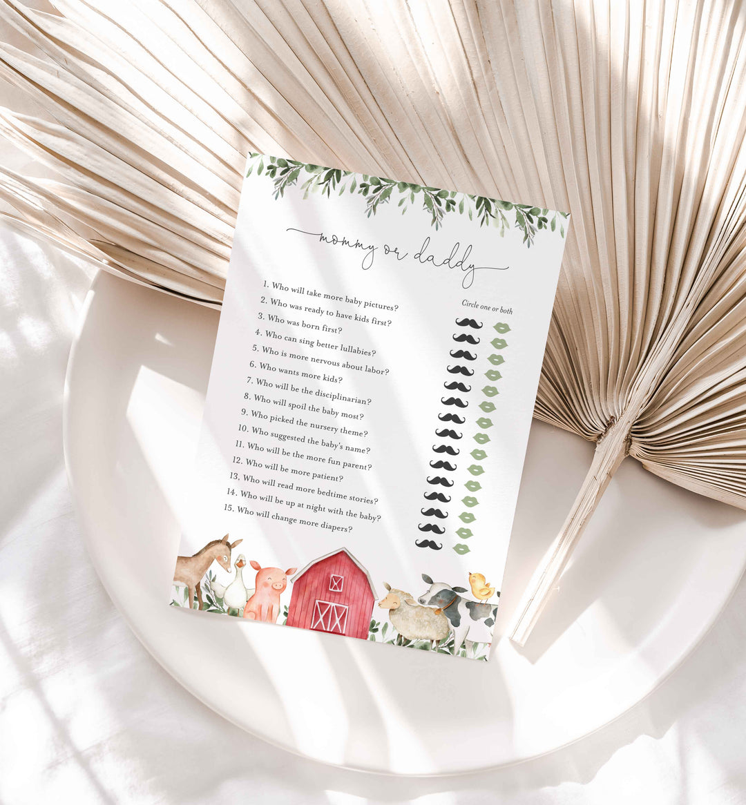 On The Farm Baby Shower Mummy or Daddy Game Printable