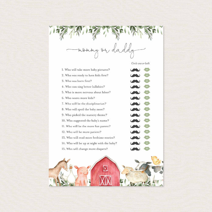 On The Farm Baby Shower Mummy or Daddy Game Printable